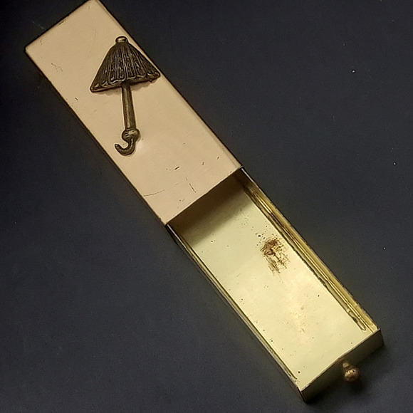 Vintage Gold Tone Umbrella Match Stick Cigarette Box Holder Small Drawer - Picture 3 of 10